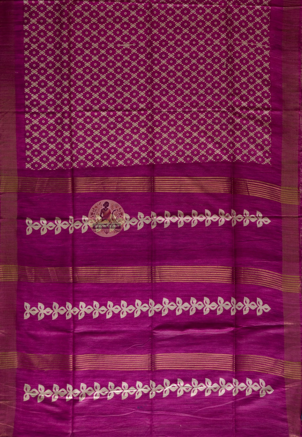 Full view of Ghicha Tussar Silk Saree laid flat showcasing complete handwoven fabric in warm natural Tussar tone, a slow fashion heirloom saree for Vasant Panchami, Navratri and Indian weddings