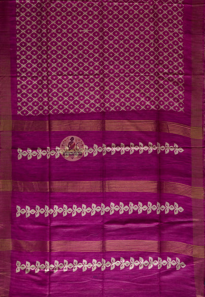 Full view of Ghicha Tussar Silk Saree laid flat showcasing complete handwoven fabric in warm natural Tussar tone, a slow fashion heirloom saree for Vasant Panchami, Navratri and Indian weddings