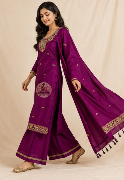 Vivid magenta Baluchari silk kurti material with traditional Bishnupur woven motifs — pure handloom India