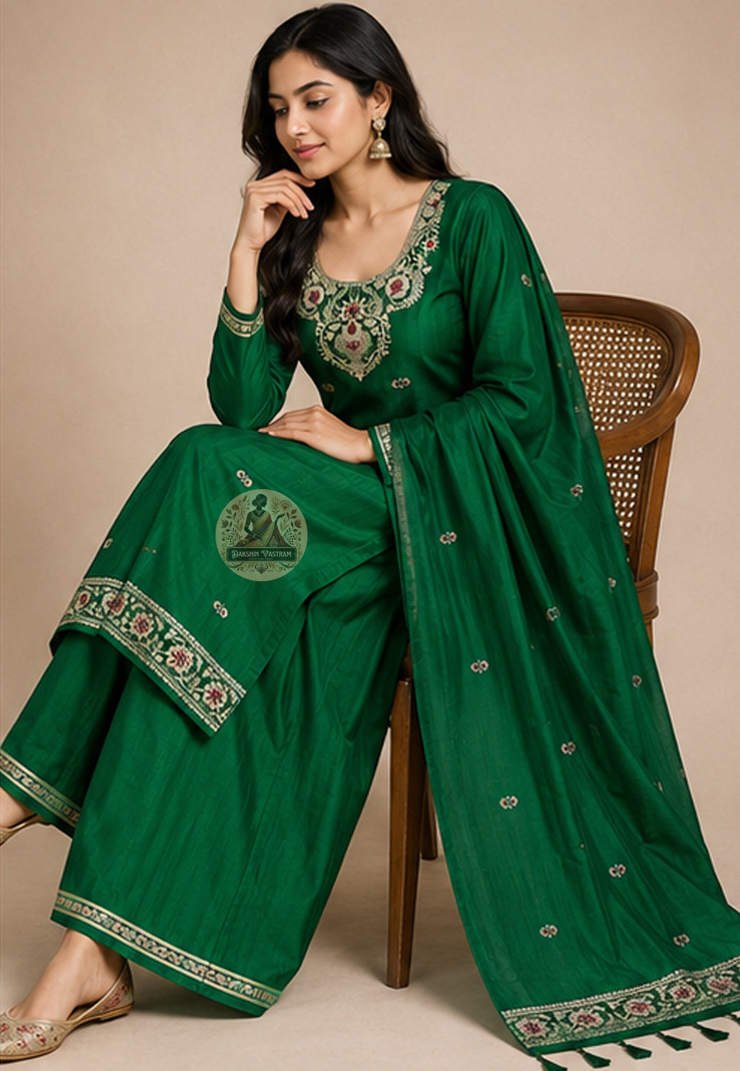Unstitched verdant green Baluchari silk kurti fabric with pit-loom woven border patterns — festive occasion wear