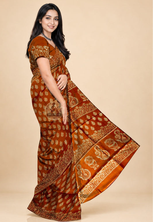 Bishnupur hand block print silk saree full view – unique artisan-crafted festive saree for Diwali, weddings and cultural events