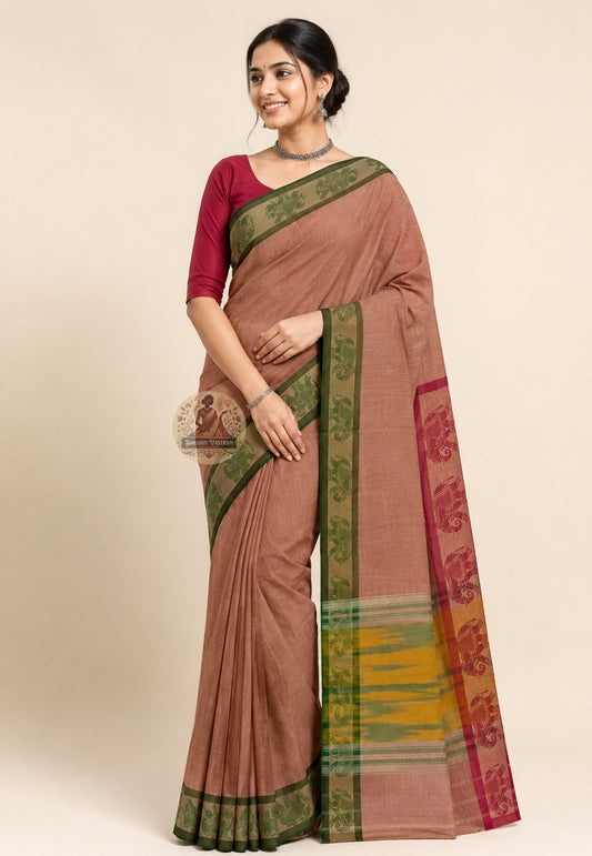 Front view of soft pure cotton handloom saree without blouse piece, ideal for Durga Puja and festive wear