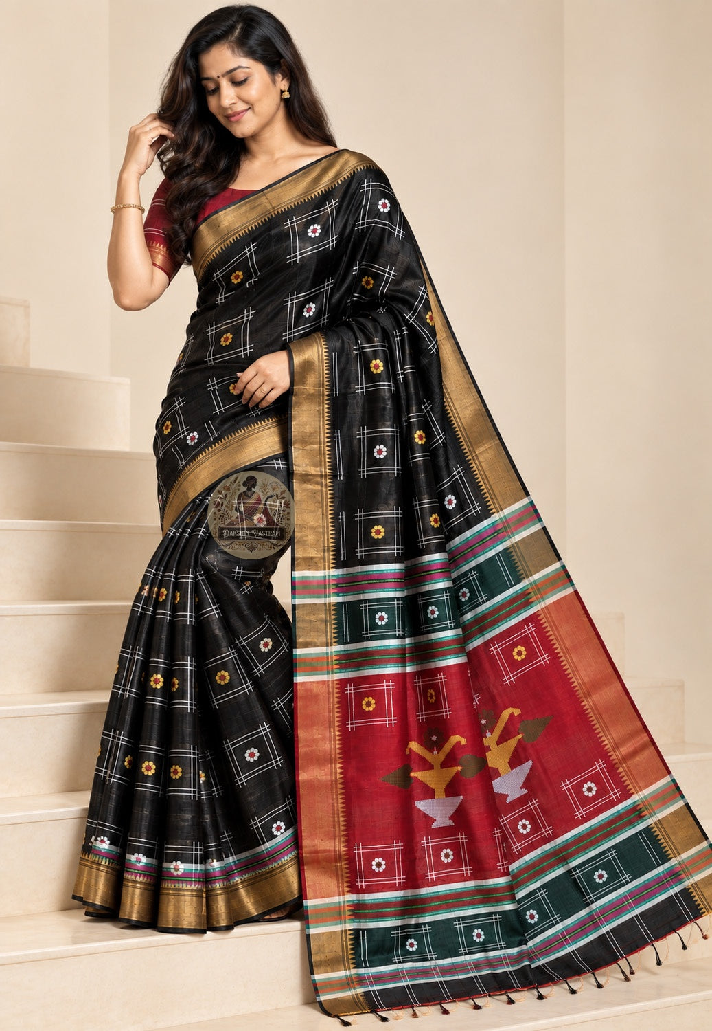 Front view of Bishnupur Katan pure silk festive saree with traditional Bengal buti motifs, handwoven on pit loom for Durga Puja and Diwali occasions