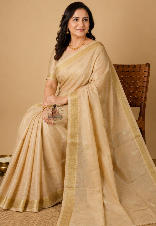 Side view of handloom cotton puja saree showing soft drape, natural fabric fall, and traditional woven elegance
