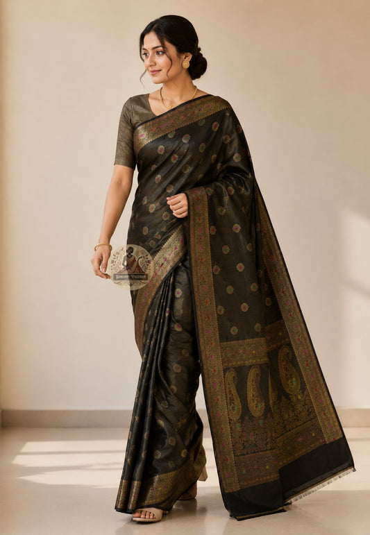 Side profile of pure Muga Tussar Banarasi Saree showing graceful drape and natural golden sheen of wild silk in full length