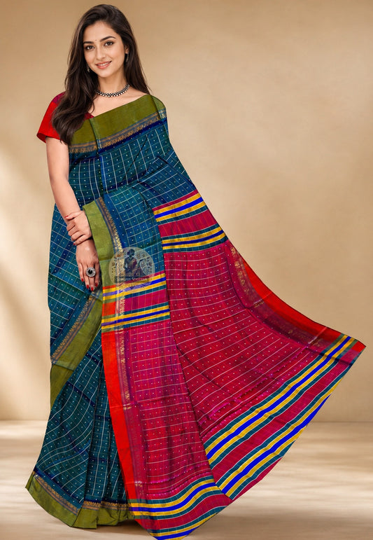 Bishnupur Silk Bindu Buti Saree front view – handwoven dot-and-sprig motif Bengal silk saree for Diwali in Orlando and cultural galas in USA | Dakshin Vastram