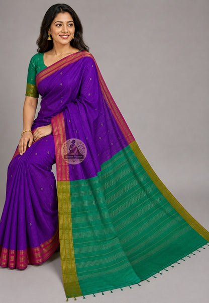 Side view of Bishnupuri pure katan silk saree – composed silhouette and structured pleats in handwoven Bengal katan silk, premium ethnic occasion wear by Dakshin Vastram