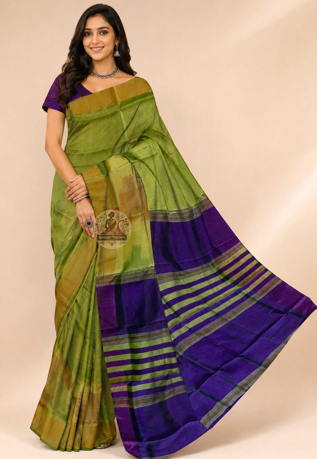 Front view of Bishnupur Pure Katan Silk Saree draped on model, showcasing handwoven Bengal heritage motifs and the deep, enduring sheen of pure mulberry silk