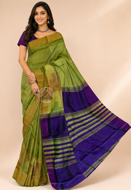 Front view of Bishnupur Pure Katan Silk Saree draped on model, showcasing handwoven Bengal heritage motifs and the deep, enduring sheen of pure mulberry silk
