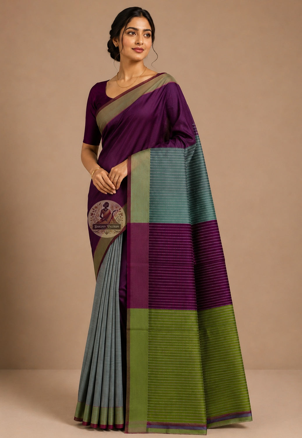 Front view of Bishnupur Pure Katan Silk Saree draped on model, showcasing the handwoven traditional Bengali motifs and the structured luminous drape of pure Katan silk from West Bengal