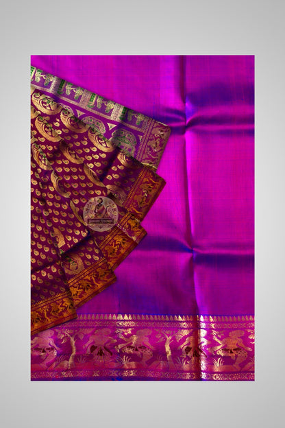 Swarnachari Silk Saree with folklore-inspired gold pallu – anniversary gift, delivered to Pune and Gurgaon