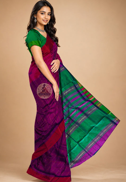 Side view of Bishnupur Katan Silk Saree showing the intentional fall and graceful drape, perfect for Durga Puja, Bengali weddings and festive celebrations across India