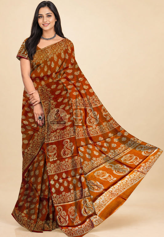 Bishnupur Silk Block Print Saree in full drape – hand block printed Bengal folk art motifs on pure silk | Dakshin Vastram