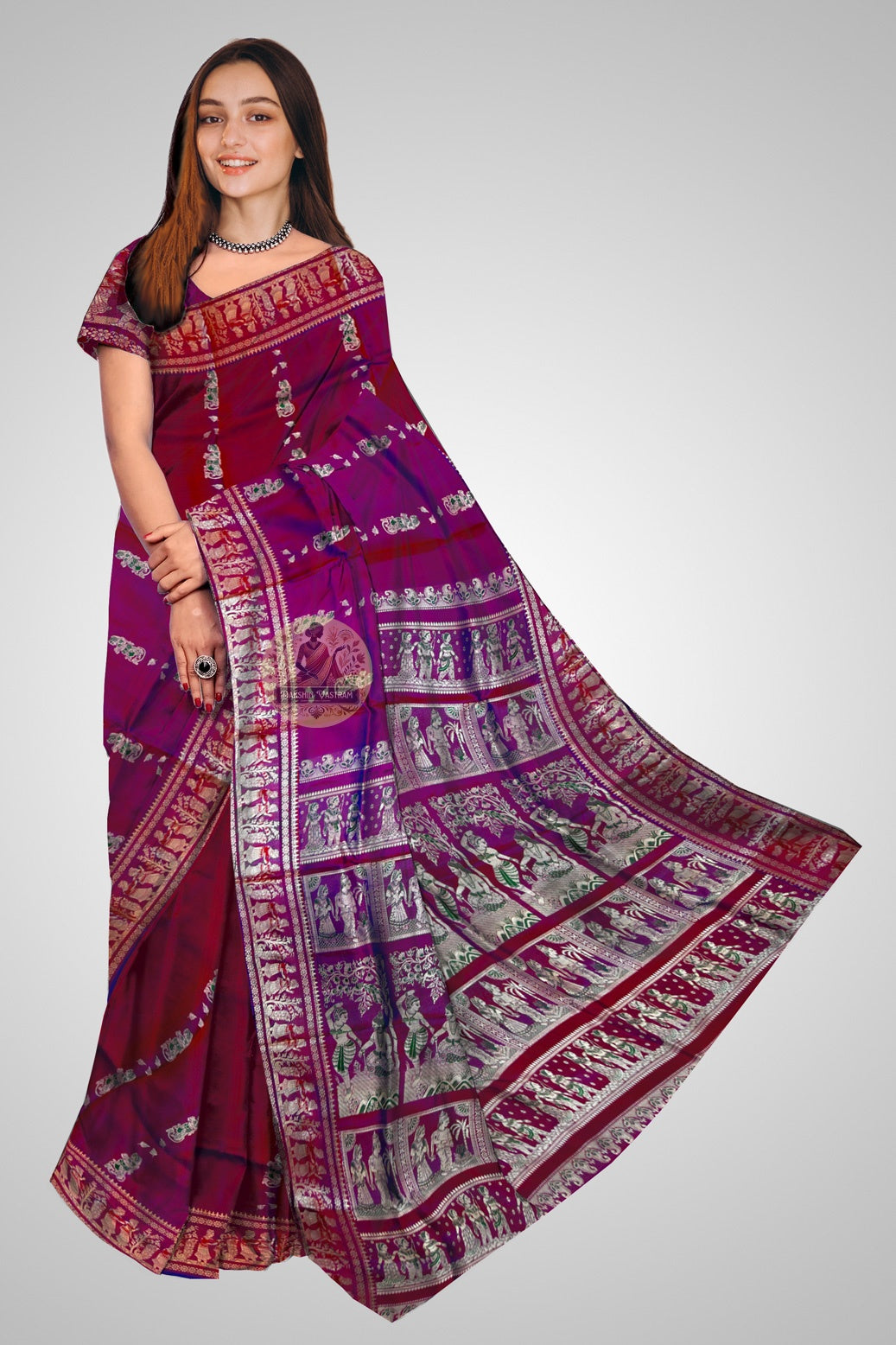 Handwoven Baluchari silk saree with mythological figures on deep crimson pallu