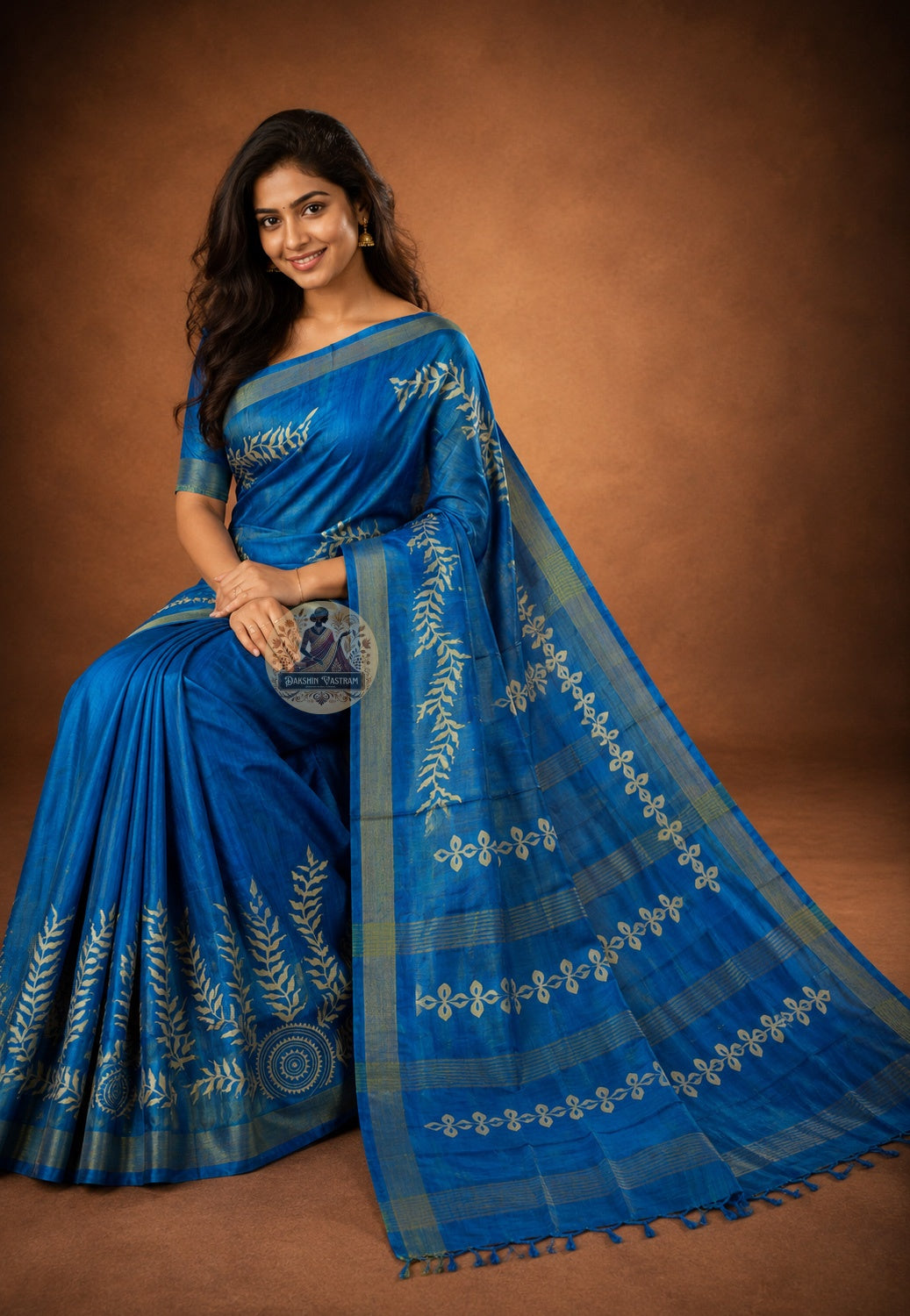 Rear view of Ghicha Tussar Silk Saree displaying handwoven pallu in earthy golden-brown forest silk, artisan-crafted saree for wedding receptions in Bhubaneswar and Indian festive celebrations