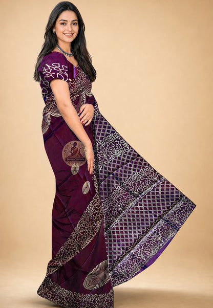 Bishnupur hand block print saree front view – traditional Bengal folk motifs stamped on lustrous pure silk fabric