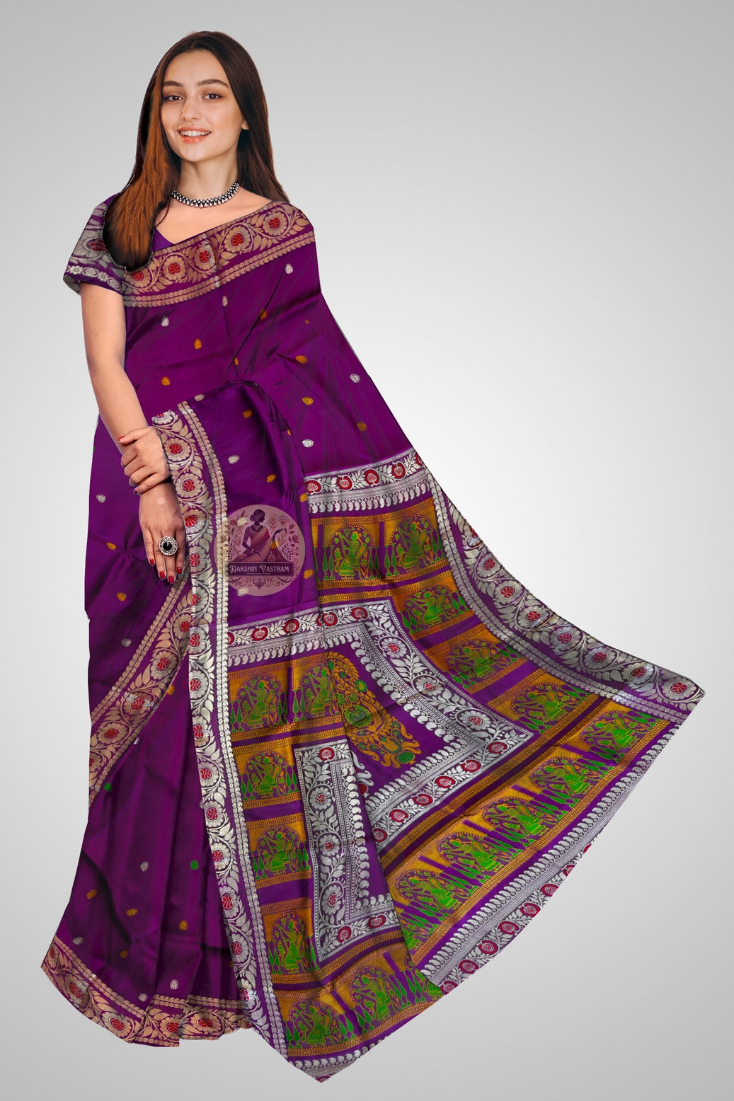 Handwoven Baluchari silk saree in deep plum with gold zari mythological motifs on pallu