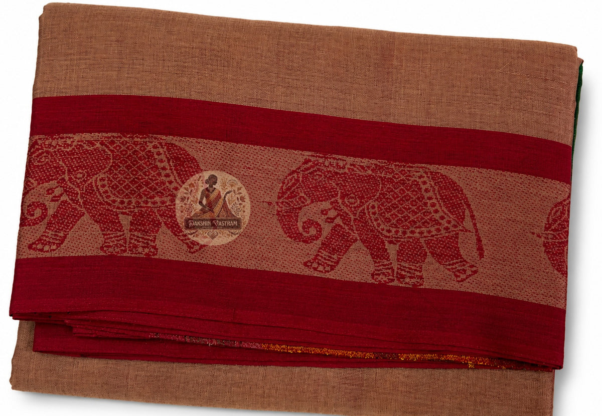 Full length view of pure cotton handloom saree without blouse, displaying body, border, and pallu in complete detail