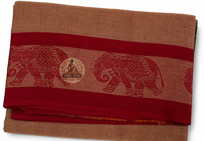 Full length view of pure cotton handloom saree without blouse, displaying body, border, and pallu in complete detail