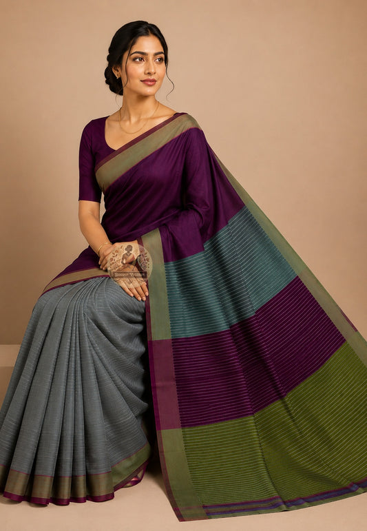 Side view of Bishnupur Katan Silk Saree showing the graceful authoritative fall and natural sheen of pure handwoven Katan silk with traditional Bengali lotus and peacock motifs along the border