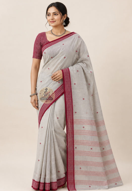 Front view of pure cotton handloom saree without blouse piece, a timeless wardrobe essential for Durga Puja and festive occasions across India