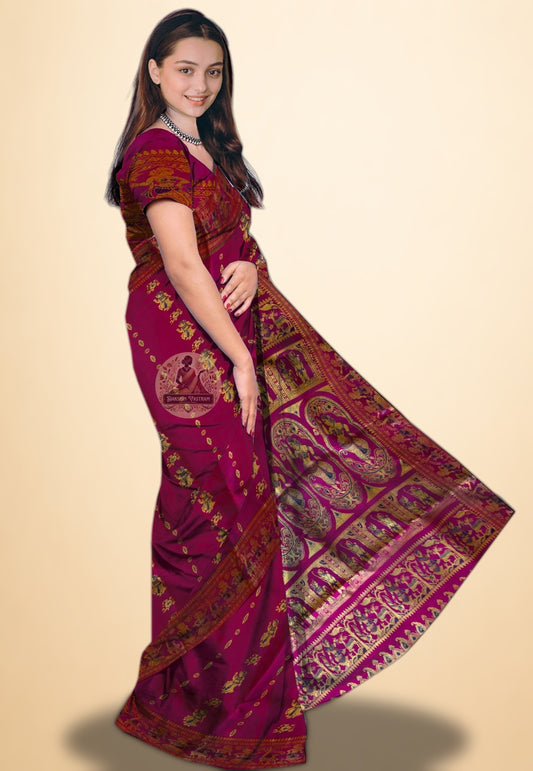 Close-up of intricate Ramayana scene woven into Baluchari silk saree pallu — Bengal handloom