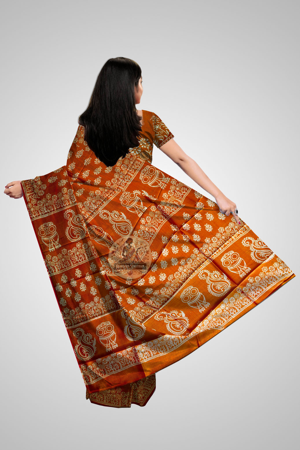 Buy Pure Katan Silk Saree – Rear drape showcasing silk flow