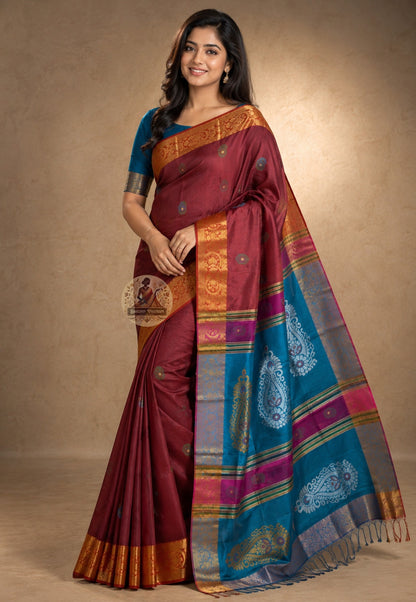 Front view of Bishnupur Silk Kolakhetra Saree draped on model, showcasing the sacred geometric Kolakhetra weave pattern in pure handwoven Bengal silk
