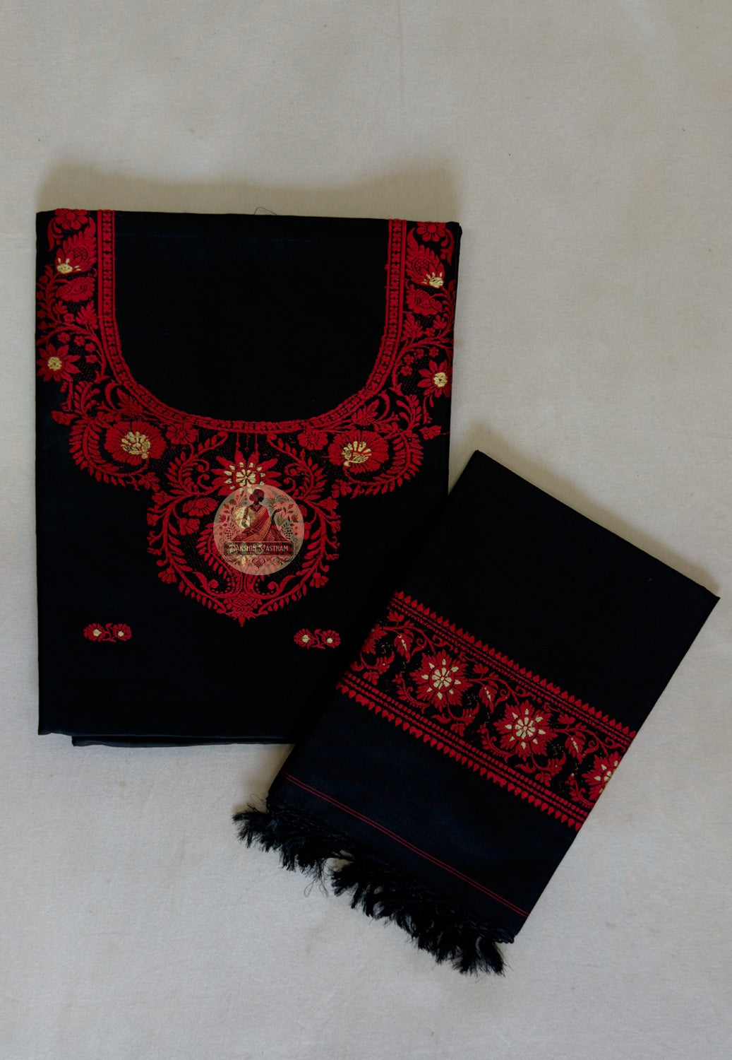 Resham woven neckline detail on green Baluchari Mulberry silk kurti fabric — artisan handloom West Bengal