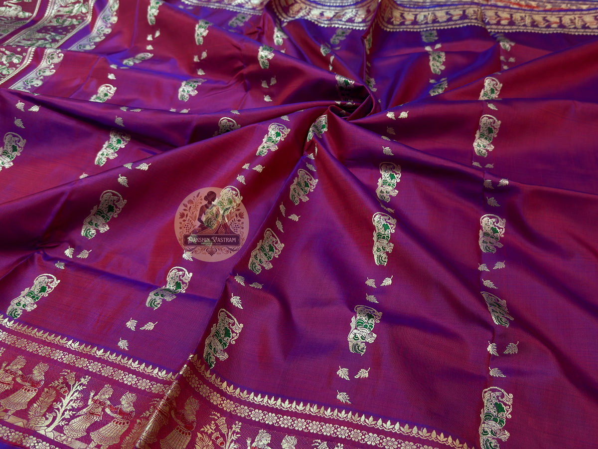 Traditional Bengali Baluchari saree in teal with uncut zari and figurative pallu weave