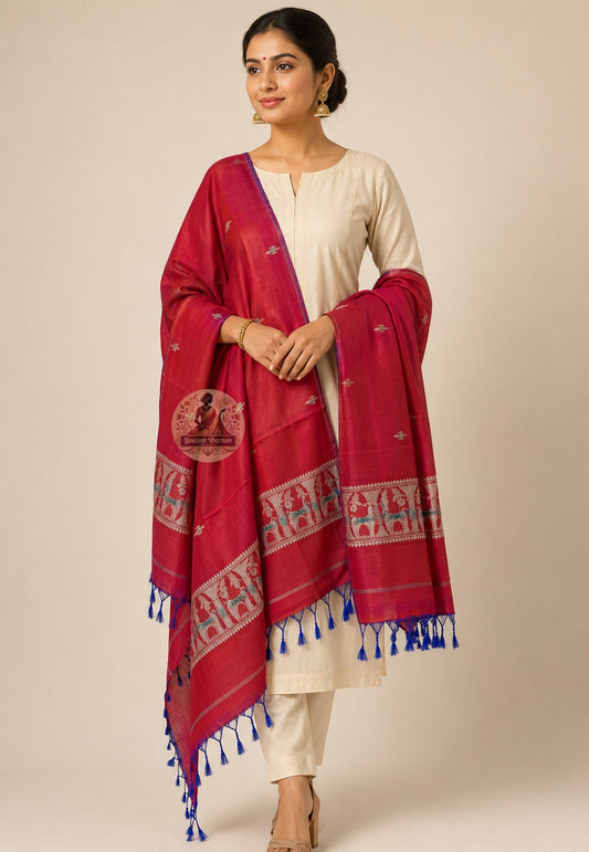 Front view of handwoven Baluchari silk stole in crimson red – pure silk with multicolour narrative border and royal blue tassels draped over ivory kurta – Dakshin Vastram