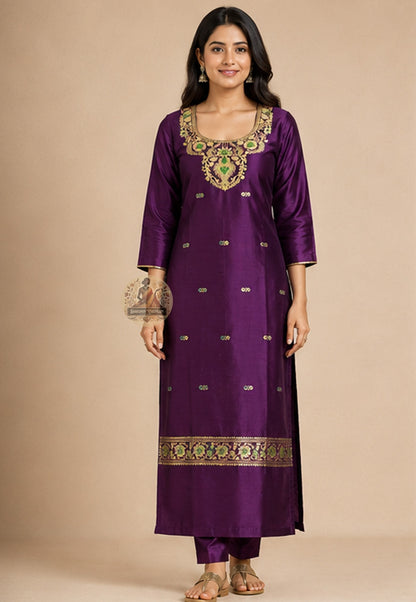 Violet Baluchari Silk unstitched kurti fabric with Resham embroidery, handwoven in Bishnupur West Bengal – Dakshin Vastram