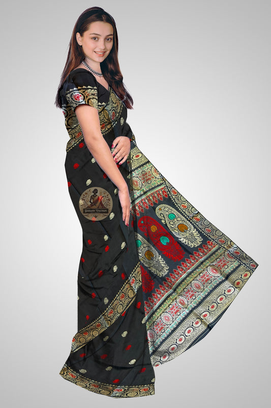 Authentic Bishnupur Baluchari saree in sage green with hand-woven mythological narrative and uncut zari border