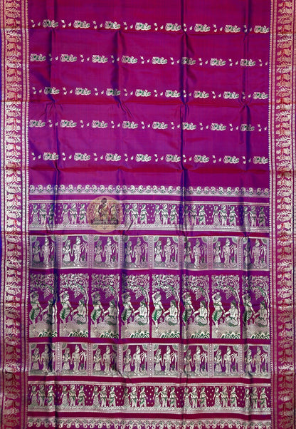 Close-up of running blouse fabric from Baluchari Pure Silk Saree set, featuring coordinating handwoven pure silk with complementary traditional Baluchari motif border detail