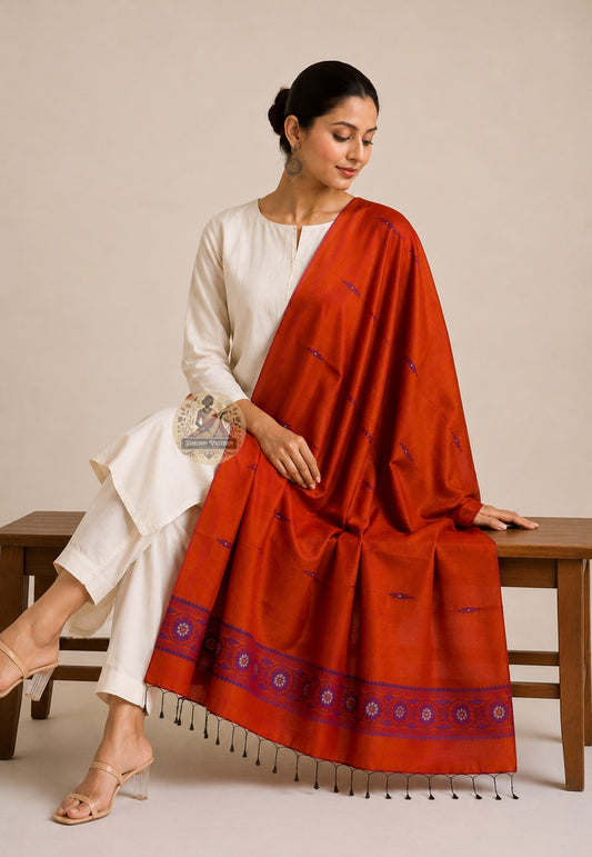 Seated drape view of brick red Baluchari pure silk stole – handwoven indigo floral medallion border with black silk tassels, festive ethnic wear for weddings and Puja