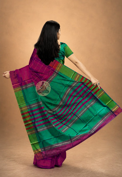 Rear view of handwoven Bishnupur Katan Silk Saree displaying the woven pallu with traditional Bengal temple-inspired motifs in pure silk