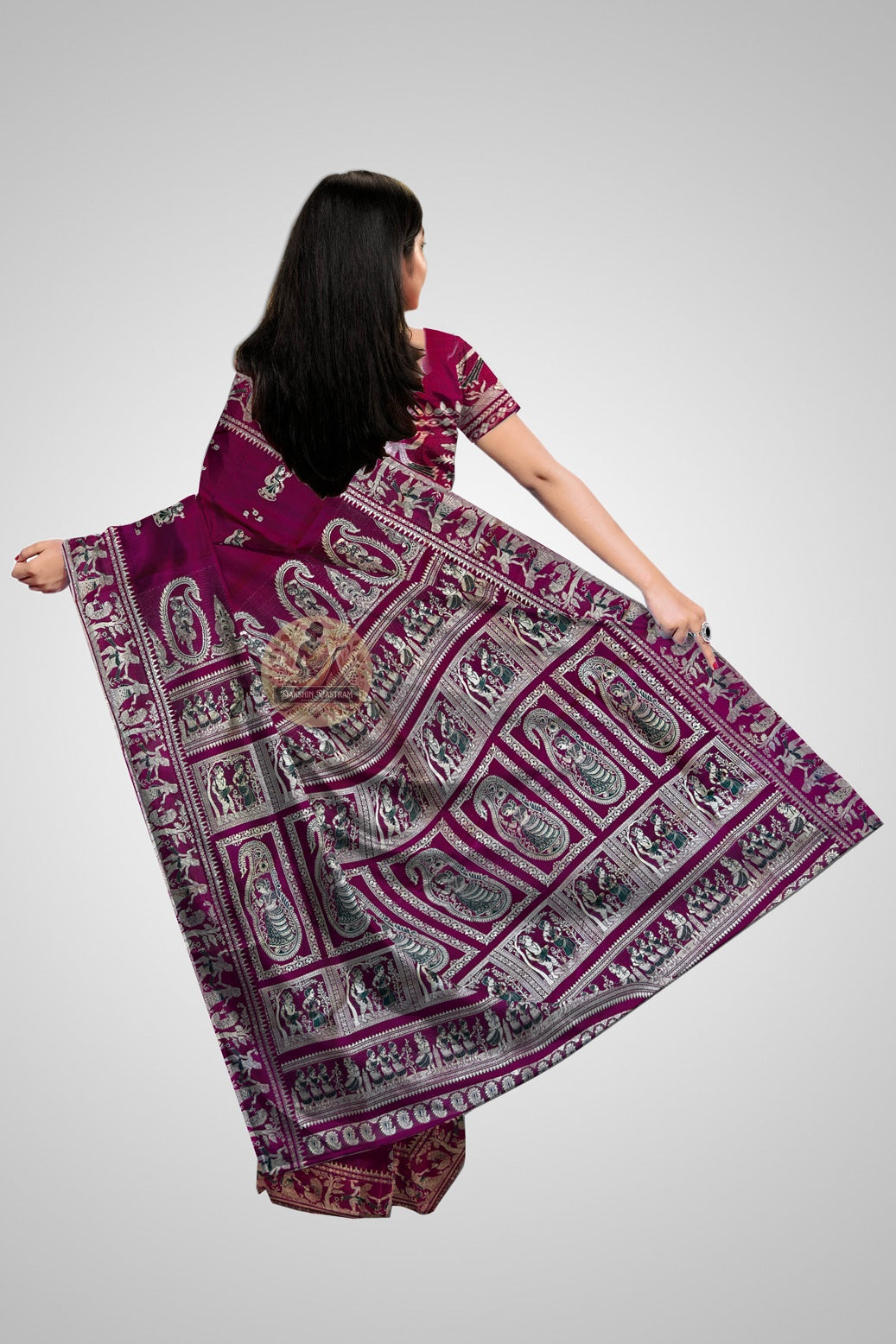 Close-up of pit-loom woven Baluchari silk border with mythological detailing