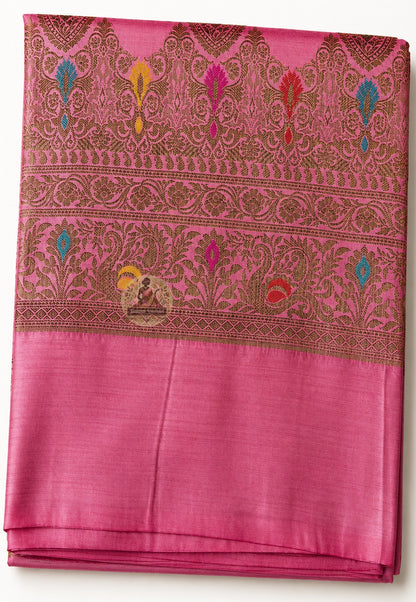 Detailed close-up of Banarasi pallu on Muga Tussar Saree with handwoven zari jaal, traditional paisley butis and floral border crafted on Varanasi looms