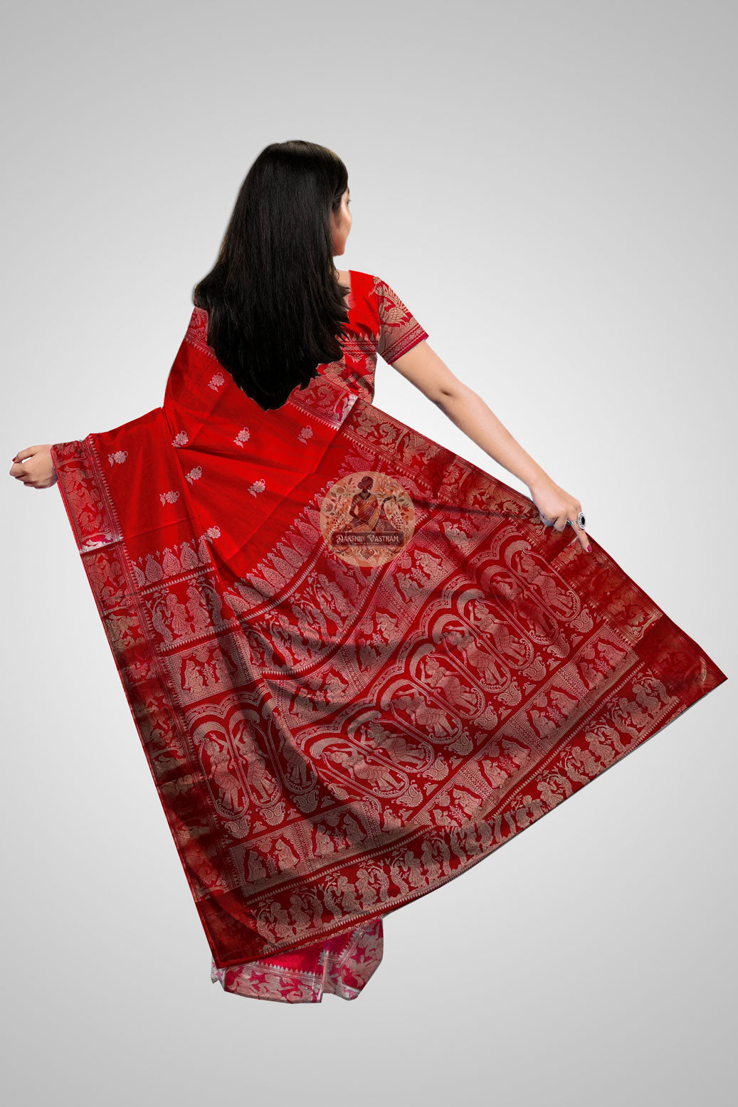 Buy Handwoven Baluchari Saree online – Rear view with narrative motifs