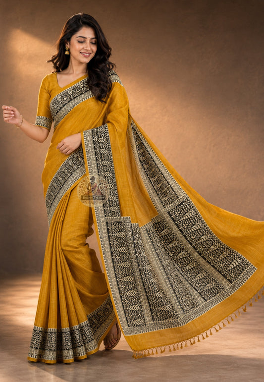 Front view of Ghicha Tussar Silk Saree in natural earthy tone, handwoven raw silk with nubby texture, draped on model for Teej and Durga Puja celebrations in Jaipur and Kolkata