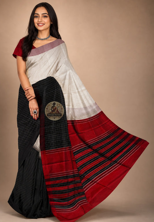 Front view of Bishnupur Pure Katan Silk Saree draped on model, highlighting handwoven Bengal motifs and deep silk lustre