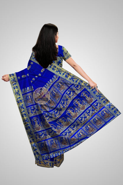 Buy Handloom Baluchari Saree – Rear view highlighting woven epic scenes
