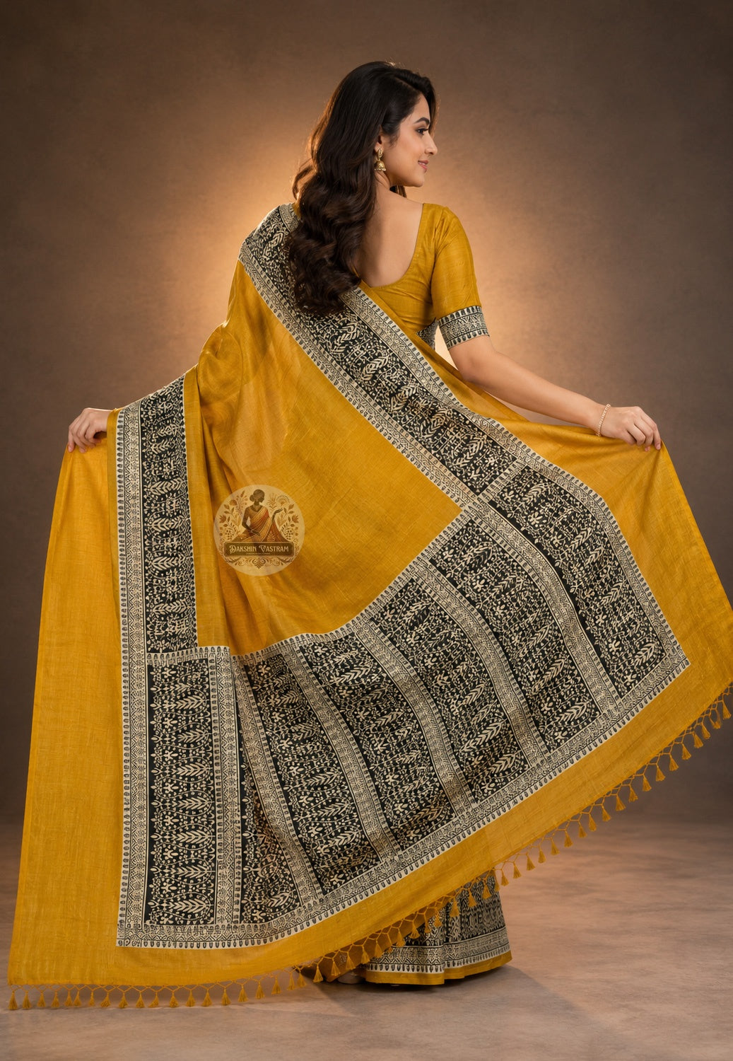 Rear view of Ghicha Tussar Silk Saree displaying handwoven pallu with raw silk texture, artisan-crafted wedding trousseau saree cherished across Kolkata, Hyderabad and Chandigarh