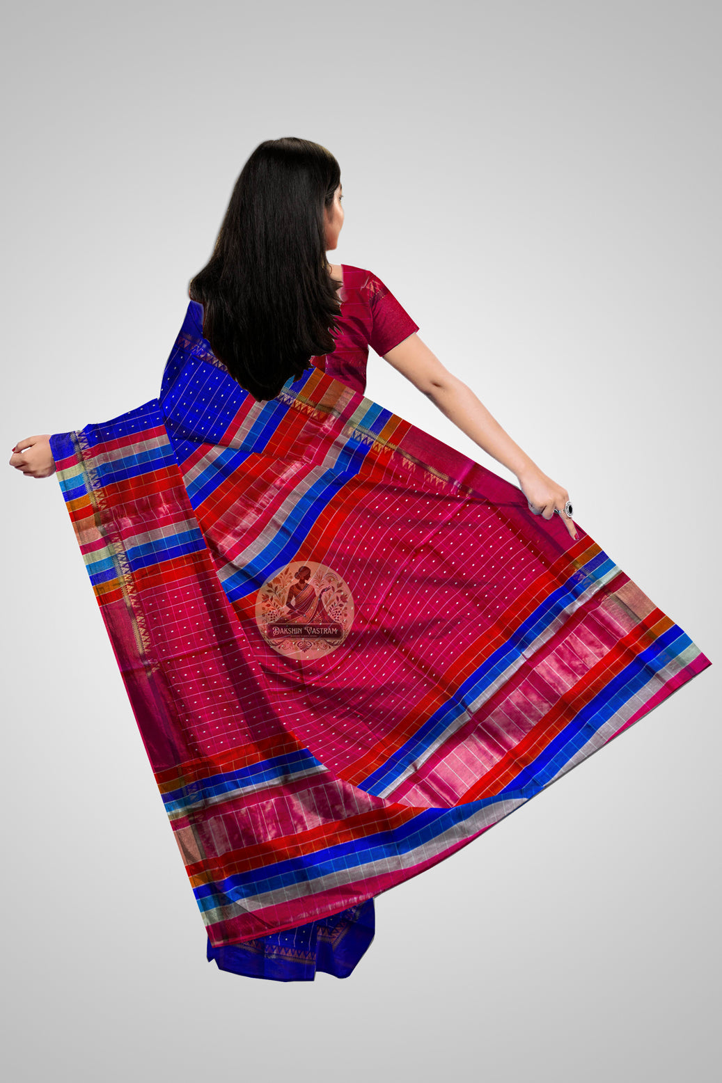 Buy Mulberry Bishnupur Pure Silk Saree – Rear angle with elegant drape
