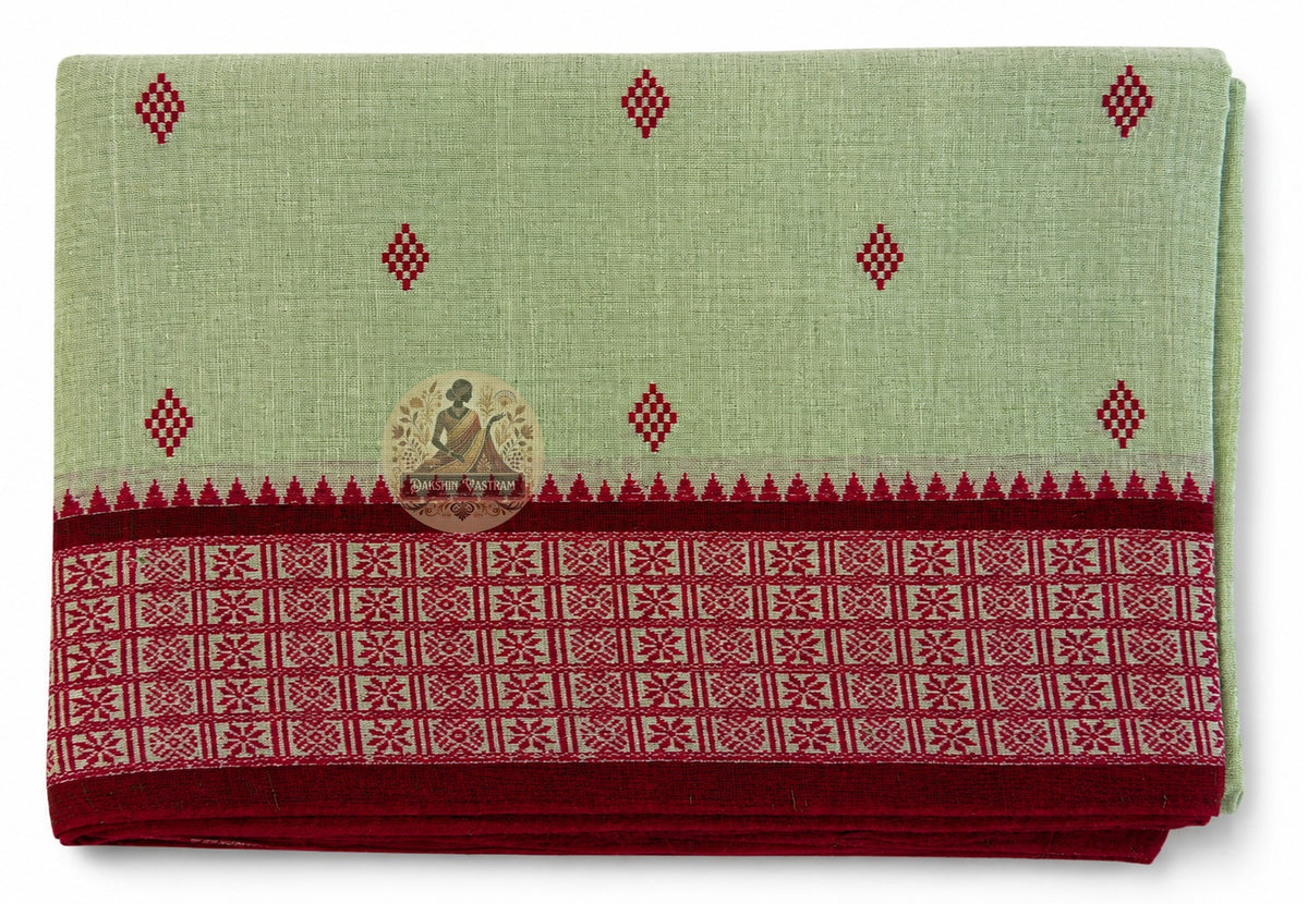 Full length view of pure cotton handloom saree without blouse, displaying complete body, border, and pallu for summer and monsoon festive wear