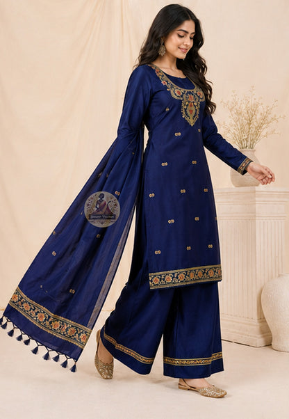 Deep blue pure mulberry silk unstitched kurti piece with traditional Baluchari border patterns — handloom West Bengal