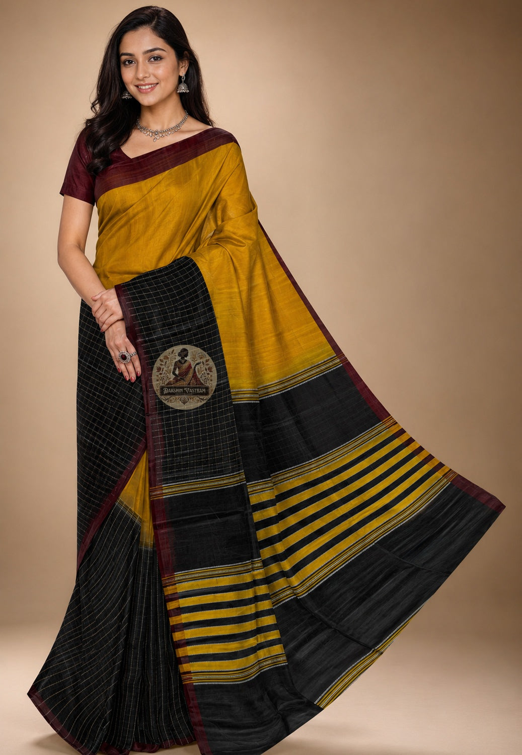 Rear view of Bishnupur Pure Katan Silk Saree displaying the pallu with intricate handwoven Bengal heritage motifs and rich silk texture