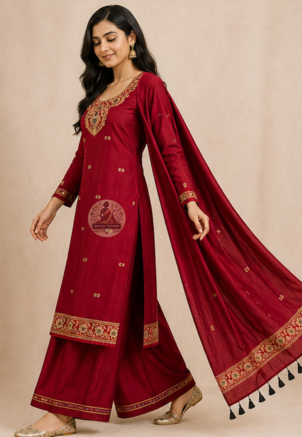Rich red pure mulberry silk unstitched kurti piece with traditional Baluchari border patterns — handloom West Bengal