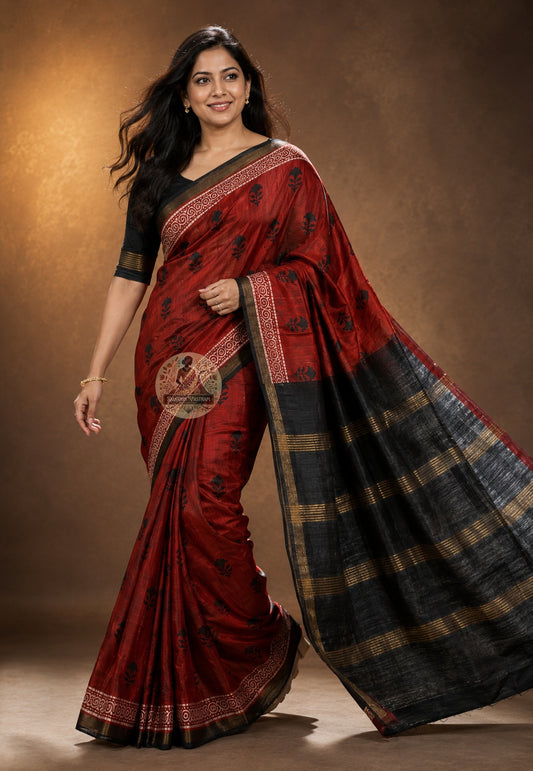 Side view of handwoven Ghicha Tussar Silk Saree showing graceful drape and breathable raw silk fall, ideal for Diwali family gatherings in Delhi and Navratri puja in Vadodara