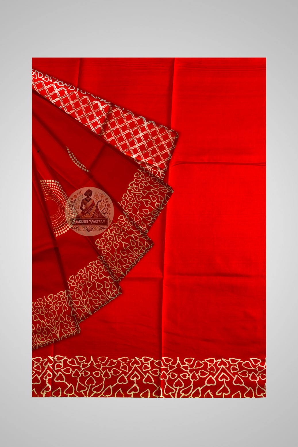 Bishnupur block print saree pallu detail – hand-carved wooden block folk art motifs from West Bengal's Malla kingdom heritage, unique to every piece | Dakshin Vastram